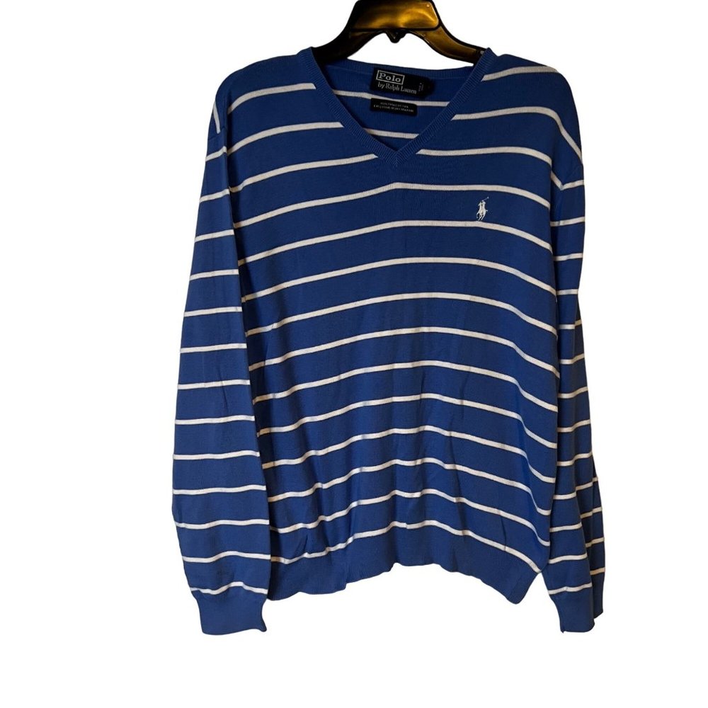 Polo Ralph Lauren Sweater Mens Size Medium V Neck Logo Blue Striped Long Sleeve